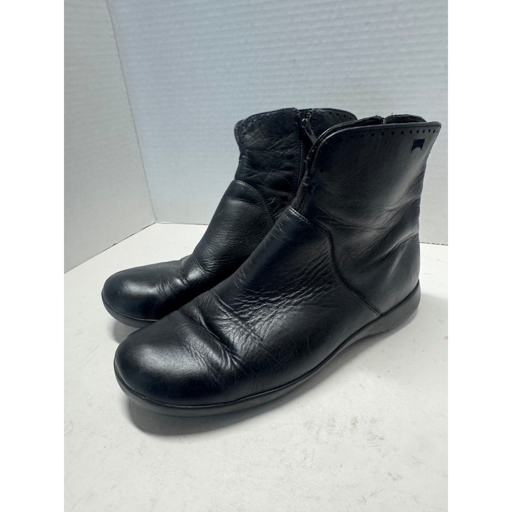 Camper Peu Cami Black Leather Ankle Boots Side Zip Minimalist Womens 37 6.5